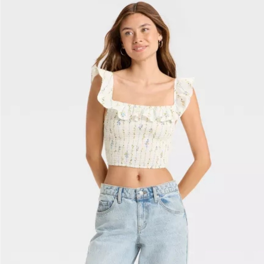 Wild Fable Floral Smocked Ruffle Sleeve Crop Top NWOT Cottagecore Size S